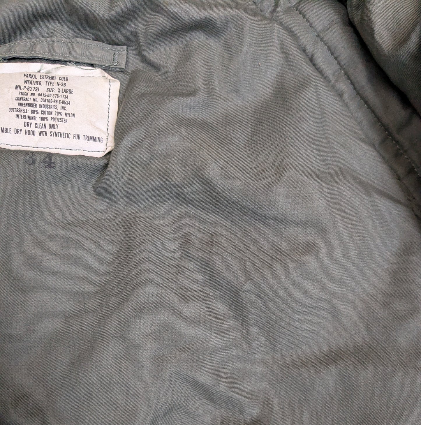 US Military Extreme Cold Weather Parka Jacket XL Type N-3B (ca11-apg18)