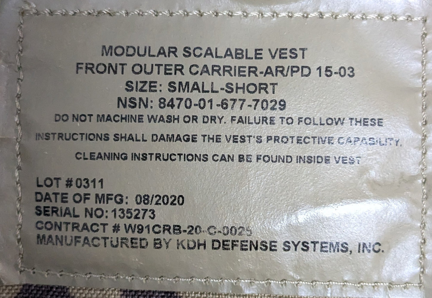 KDH MSV Plate Carrier Multicam Small Short (25Sep97)