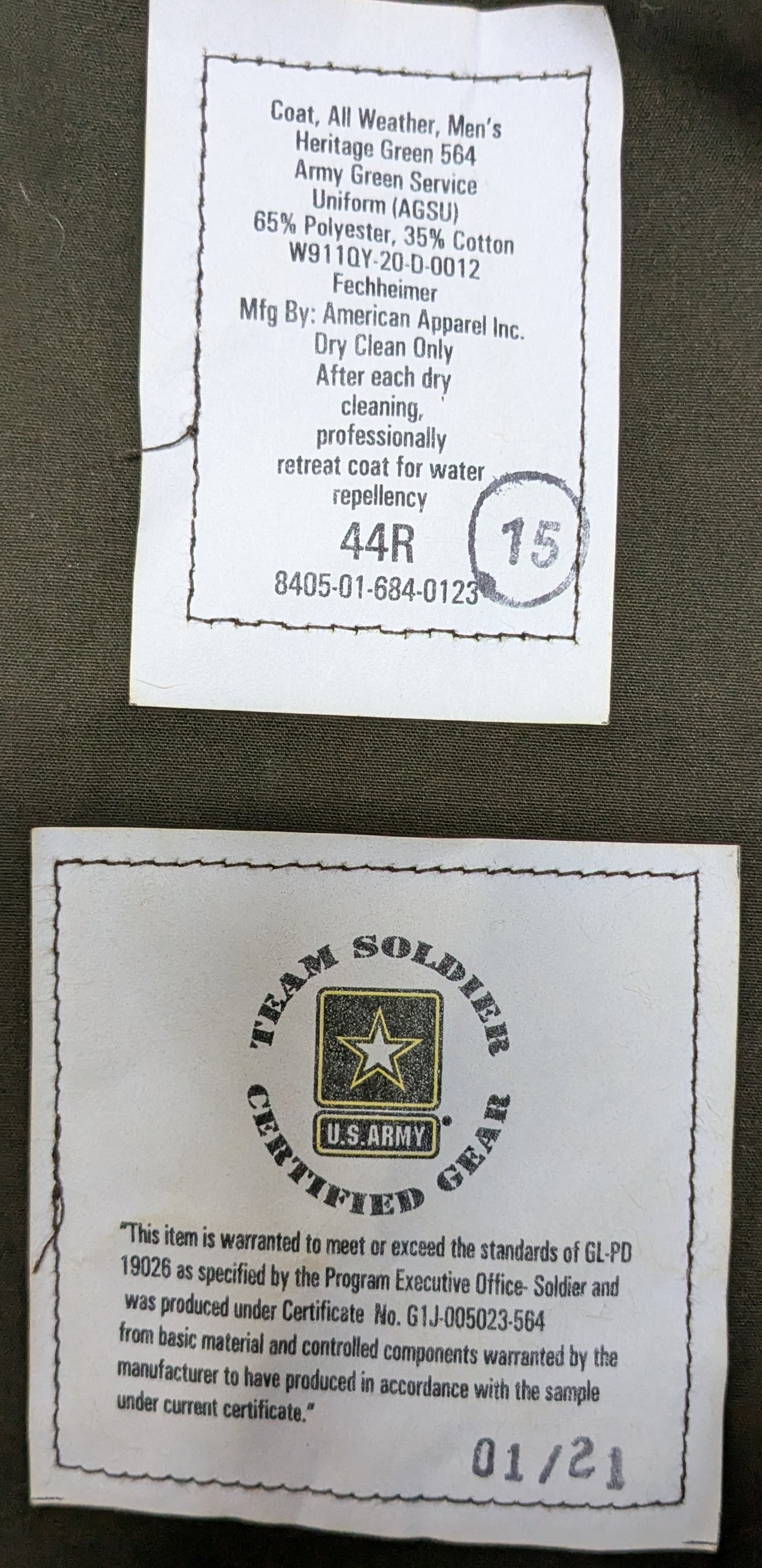 US Army All Weather Coat Men's Heritage Green 564 44R (DB10-25Aug29)