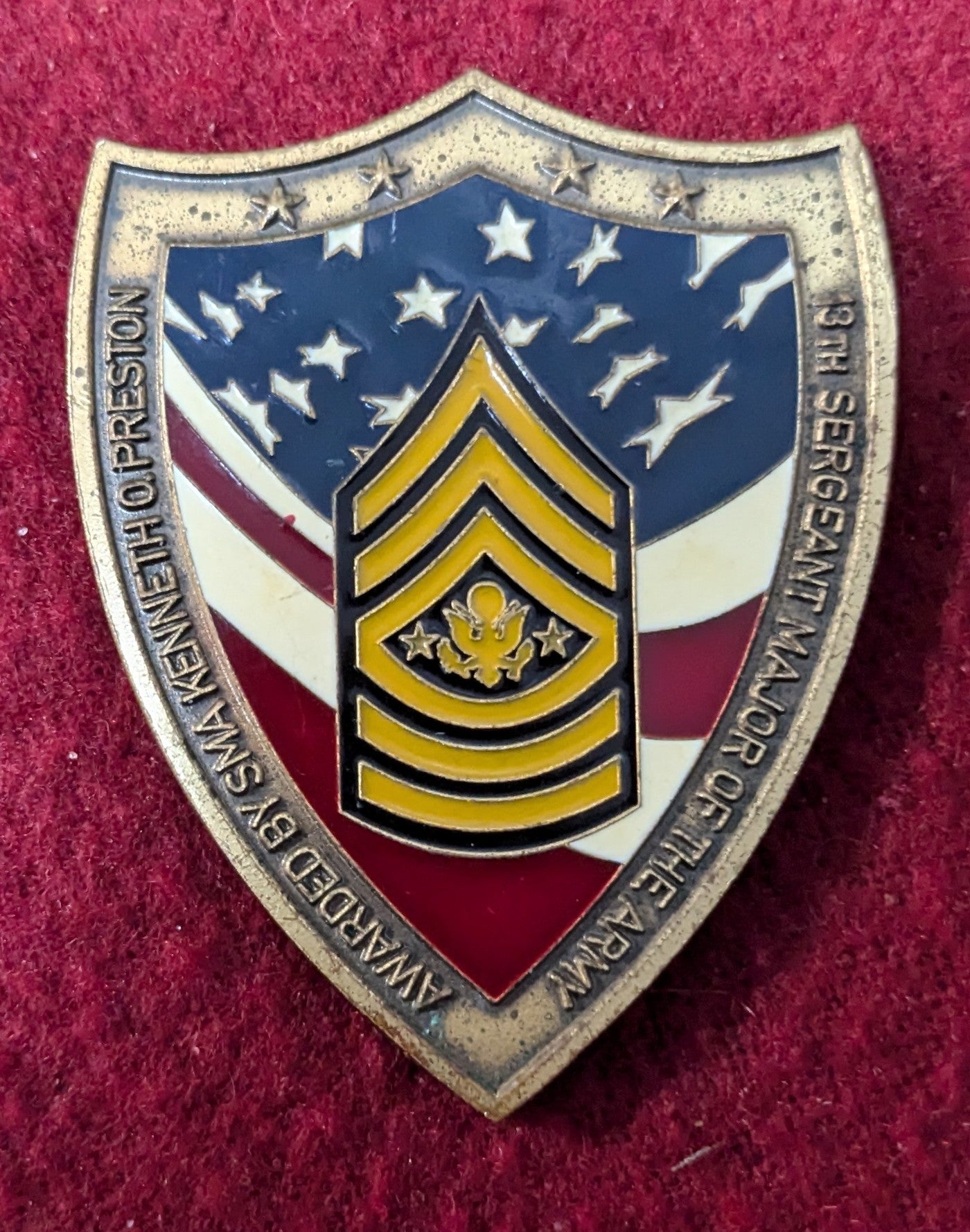 Challenge Coin Awarded by SMA Kenneth O Preston 13th Sergeant Major of the Army (25May36)
