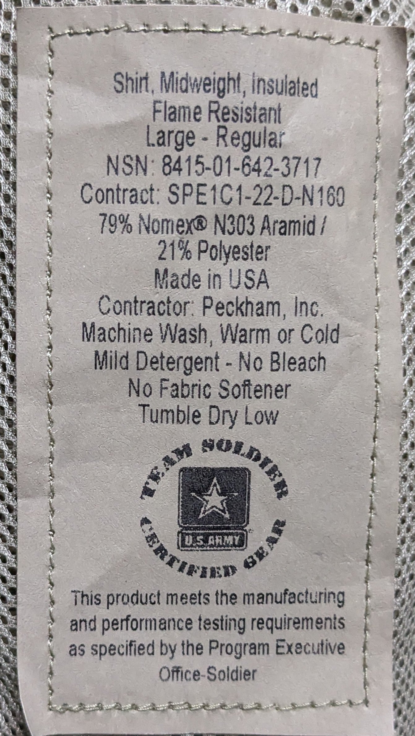 NOS Team Soldier Peckham Midweight Insulated Shirt Flame Resistant size Large (ab16-25Jun3)