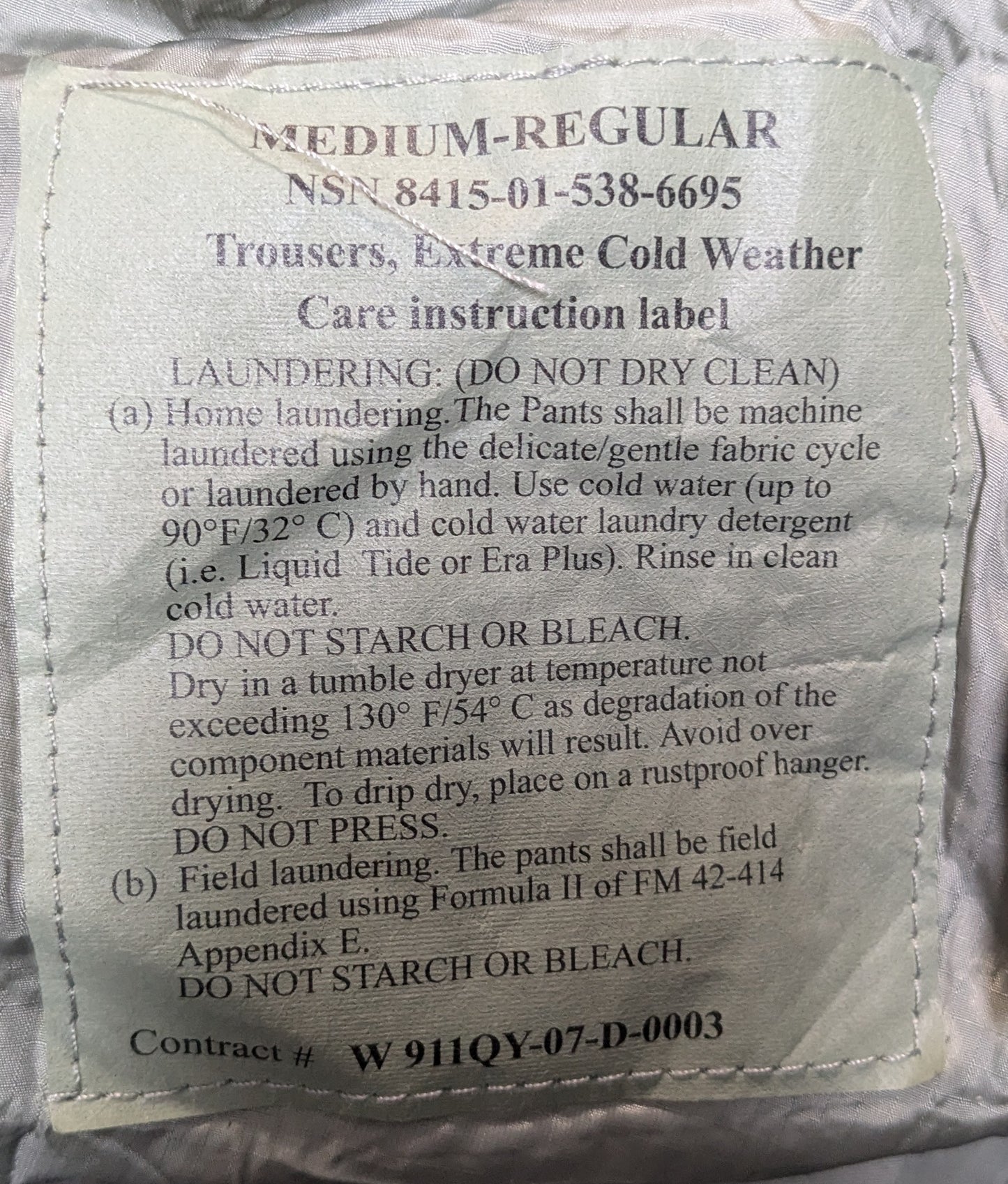 NOS Primaloft ADS Gen III L7 Bottom C Medium Regular- Trousers Extreme Cold Weather Military (AA04-25APR62)