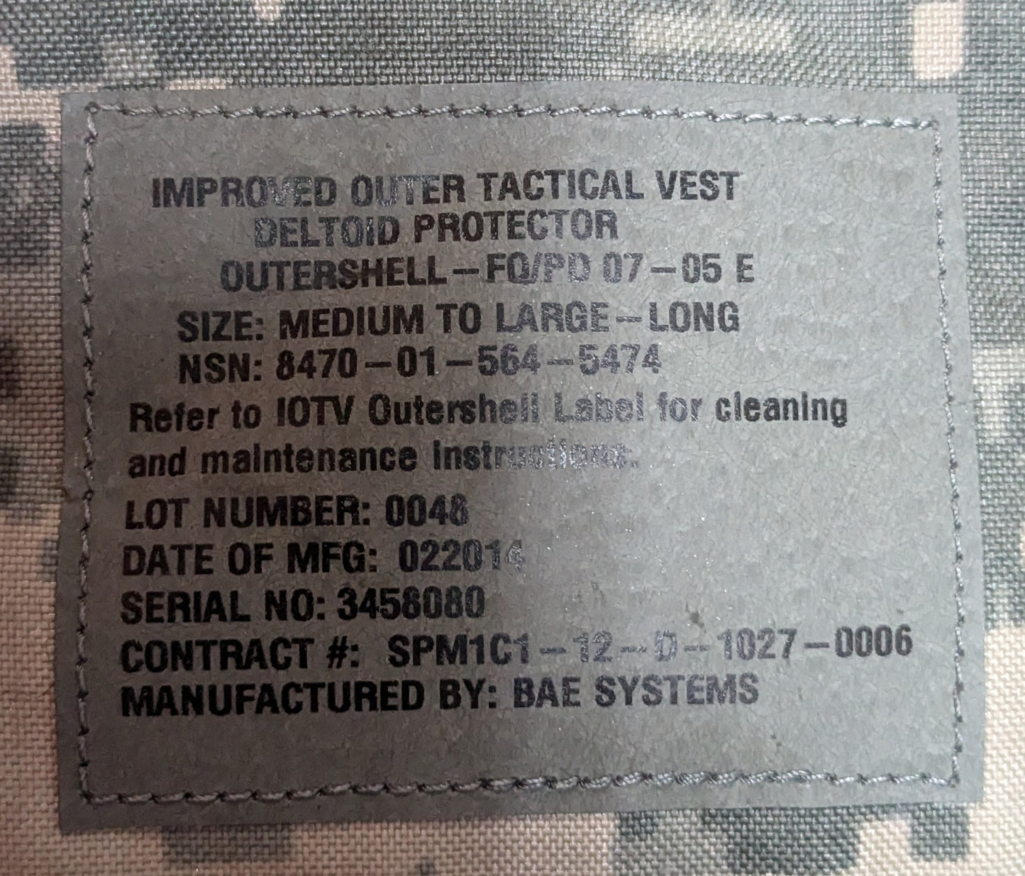 NOS ACU Improved Outer Tactical Vest Deltoid Protector Outershell (CB01-25APR55)