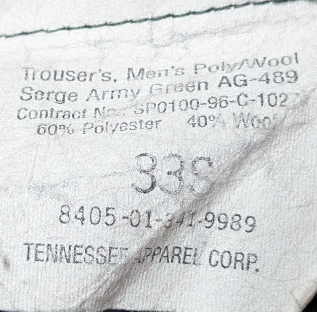 US Army Men's Poly/Wool Serge Army Green Trousers 33S (FB1-26Feb57)