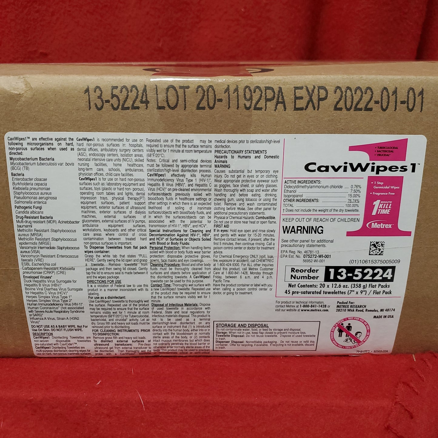 Box of 20 - Metrex Research CaviWipes1 Disposable Towelettes Flat Pack (45) 7" x 9" (CVW1)