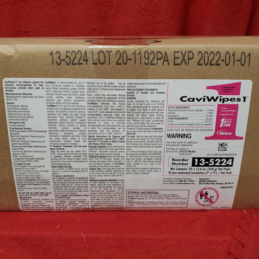 Box of 20 - Metrex Research CaviWipes1 Disposable Towelettes Flat Pack (45) 7" x 9" (CVW1)
