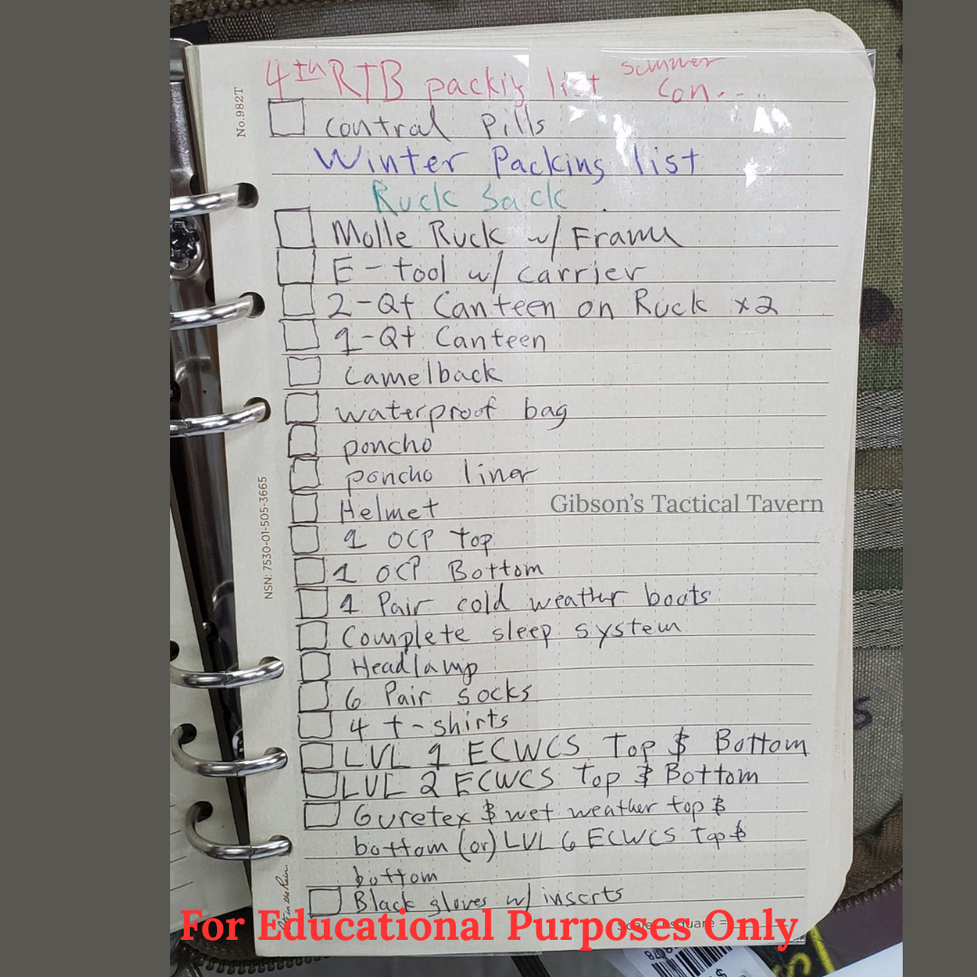 Notebook of 4th RTB Summer Ruck Pack List
