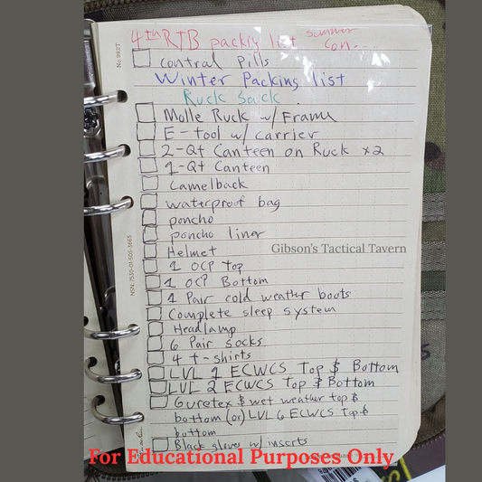 Notebook of 4th RTB Summer Ruck Pack List