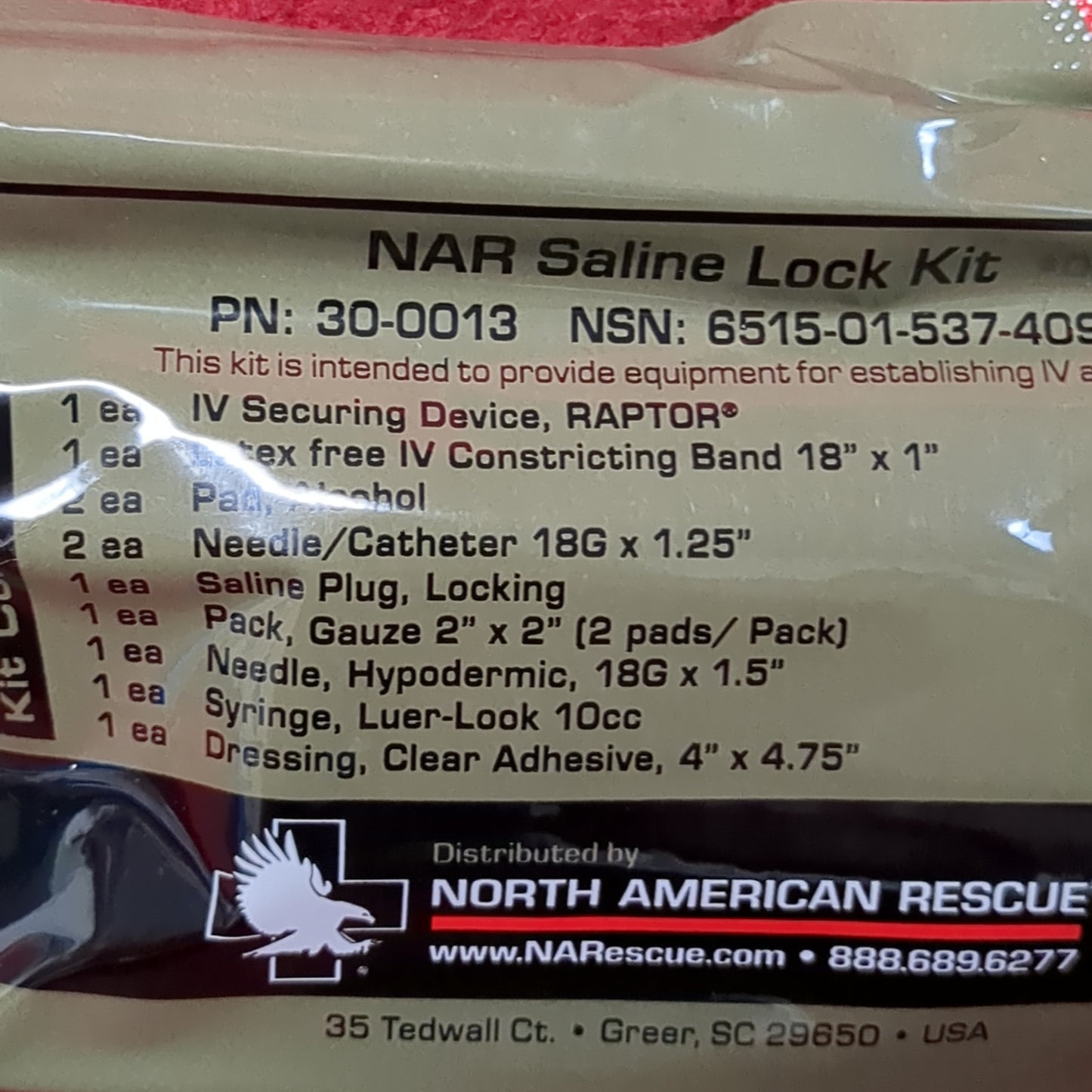 Unopened - NORTH AMERICAN RESCUE NAR Saline Lock Kit (IFAK  ac07-JUN16)