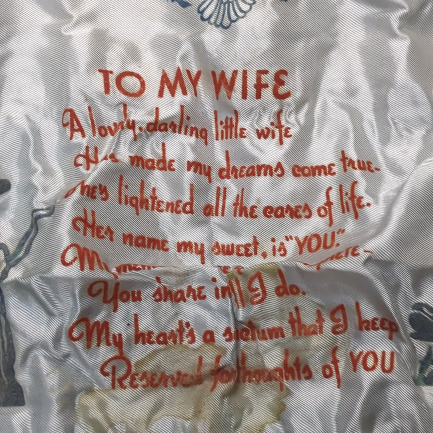 Vintage WWII US Army "To My Wife" Sweetheart Pillow Case (11cc- ca12-C80)