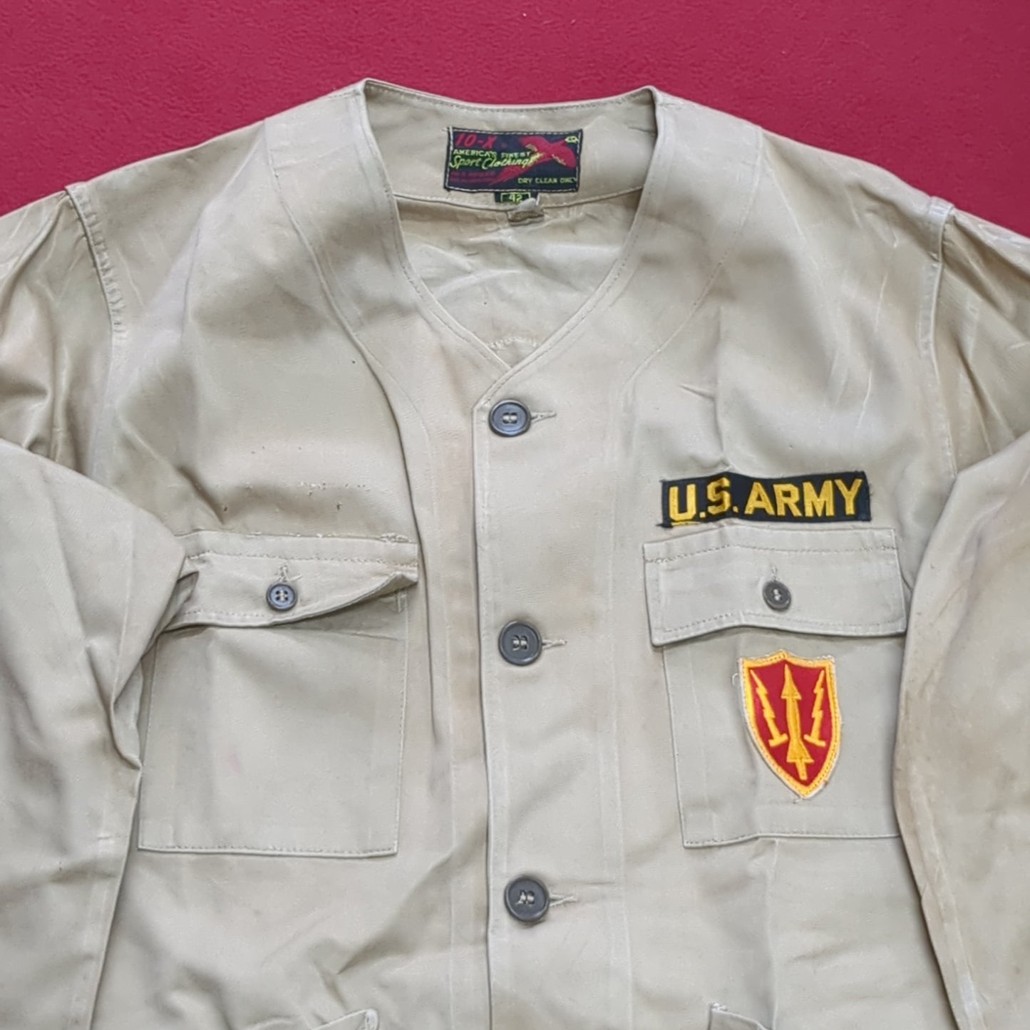 VINTAGE 1960s Sz 42 US Army 10-X AIR DEFENSE COMMAND Long-Sleeve Shirt Excellent Condition (28o da04-13)