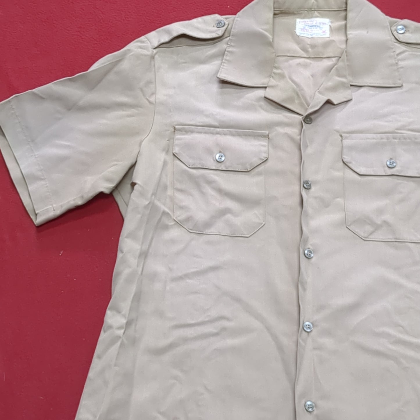 Vintage 1970s US Army Men's Uniform Large Tan Fine Silver Short-Sleeve Shirt Excellent Condition (02g CW- ea04-4)