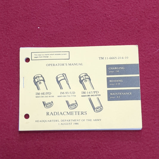 BOOK: 1 AUGUST 1986 OPERATOR'S MANUAL RADIACMETERS IM-9E/ PD,UD IM-147/PD (box1)