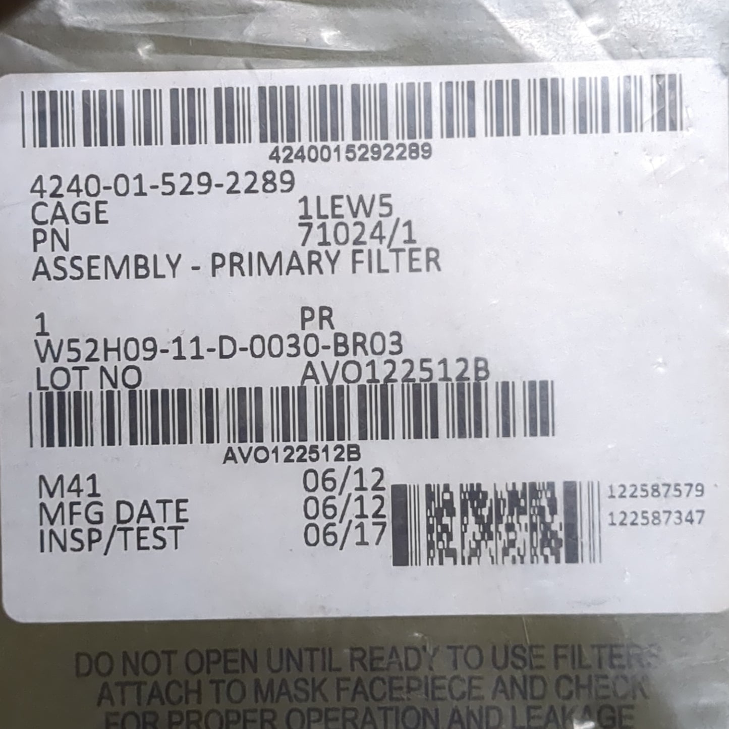 NOS SEALED US Army Avon M50 Primary Filter Assembly 4240-01-529-2289  (26o- da13-may113)