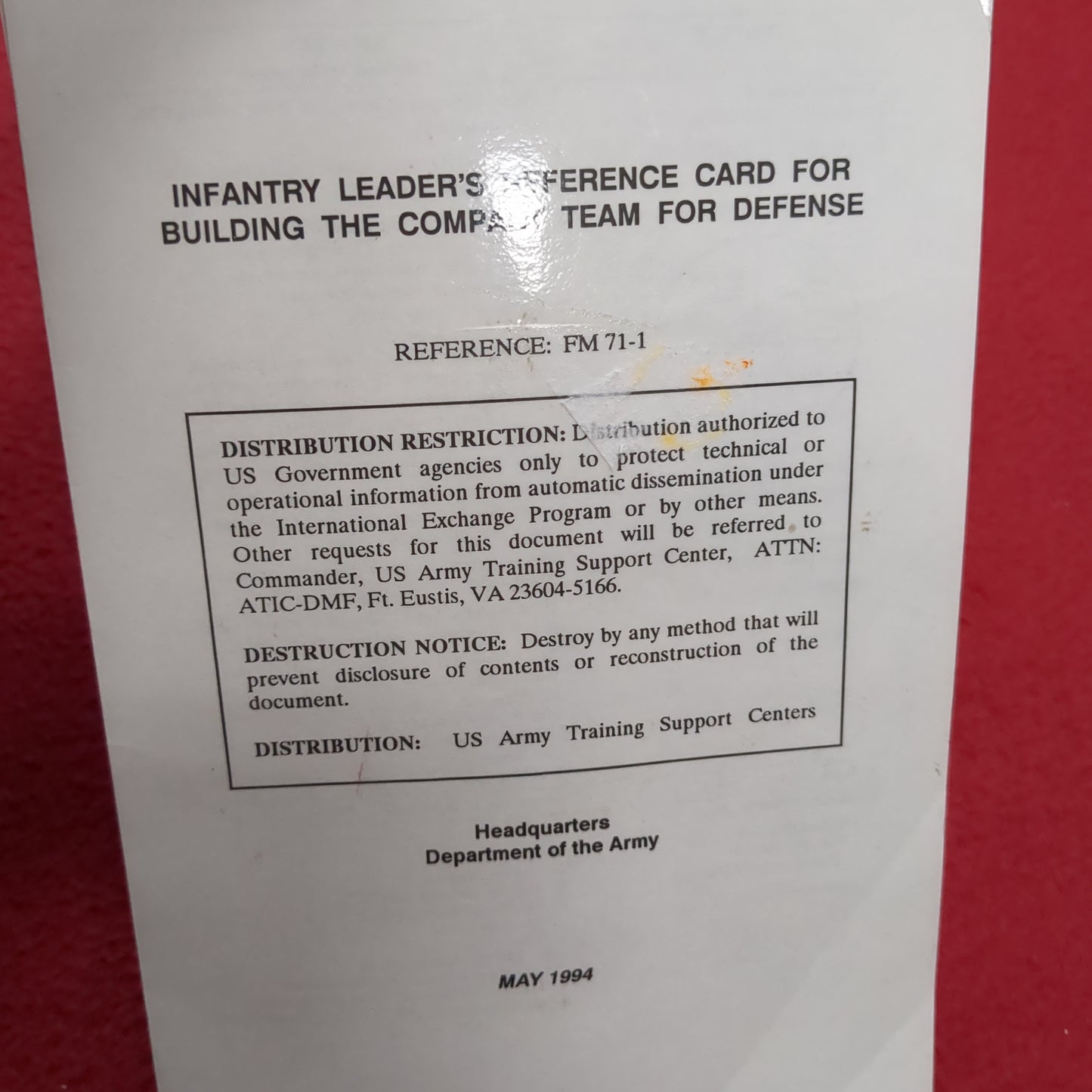 US Army 1994 May INFANTRY LEADER'S REFERENCE CARD - BUILDING TEAM FOR DEFENSE GTA 7-4-6 Used (26o- da13-may115)