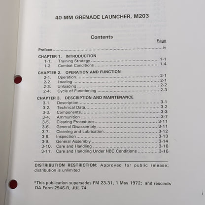 BOOK:  FIELD MANUAL NO. 23-31  40-MM GRENADE LAUNCHER, M203  (BOX4)