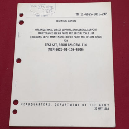 BOOK:  TECHNICAL MANUAL ORGANIZATIONAL, DIRECT SUPPORT, AND GENERAL SUPPORT MAINTENANCE REPAIR PARTS AND SPECIAL TOOLS LIST (INCLUDING DEPOT MAINTENANCE REPAIR PARTS AND SPECIAL TOOLS FOR TEST RADIO AN 20 MAY 1983(box5)