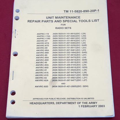 BOOK:  UNIT MAINTENANCE REPAIR PARTS AND SPECIAL TOOLS LIST FOR RADIO SETS 1 FEBRKUAL 2003  (box5)