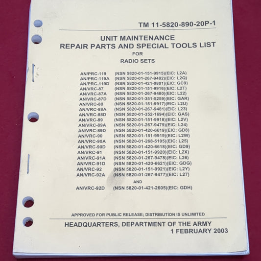 BOOK:  UNIT MAINTENANCE REPAIR PARTS AND SPECIAL TOOLS LIST FOR RADIO SETS 1 FEBRKUAL 2003  (box5)
