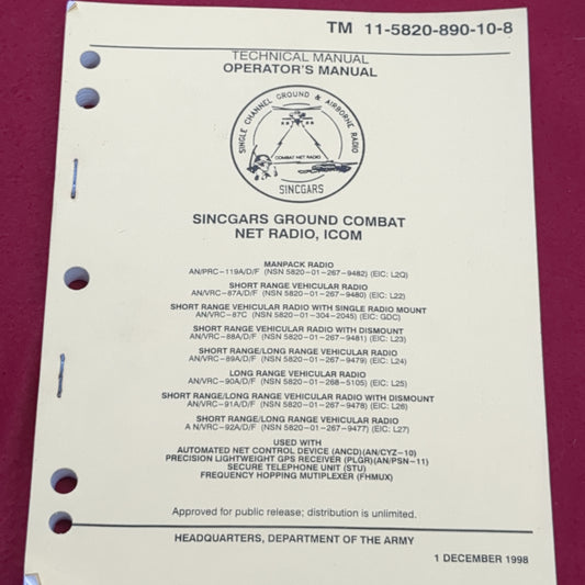 BOOK:  TECHNICAL MANUAL OPERATOR'S MANUAL SINCGARS GROUND COMBAT NET RADIO, ICOM 1 DECEMBER 1998  (box5)                     (box5)