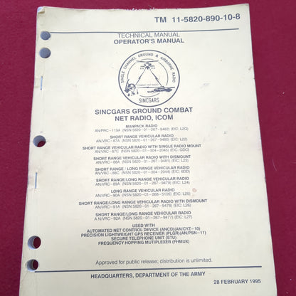 BOOK:  TECHNICAL MANUAL OPERATOR'S MANUAL SINCGARS GROUND COMBAT NET RADIO, ICOM, 28 February 1995 (box5)