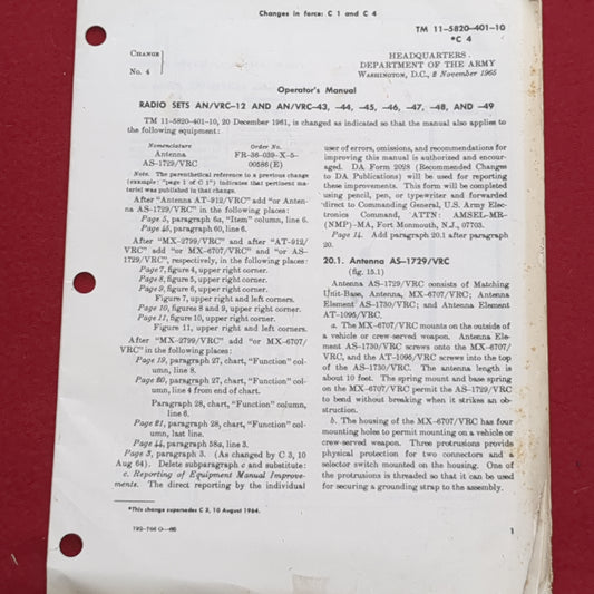BOOK:  TECHNICAL MANUAL OPERATOR'S MANUAL RADIO SETS AN/VCR-12 AND AN/VCR-43,-44,-45,-46,-47,-48, AND -49 (box5)