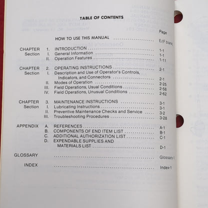 BOOK:  OPERATOR'S MANUAL: RADIO SETS; EQUIPMENT 1-12; OPERATOR'S CONTROLS 2-1; PMCS 3-2; OPERATION 3-20; TROUBLE SHOOTING 3-28 15 JANUARY 1986(box7)