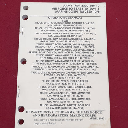BOOK:  OPERATOR'S MANUAL FOR: TRUCK, UTILITY: CARGO/TROOP CARRIER,; ARMORED; WINCH; ARMOR.... APRIL 1985(box7)