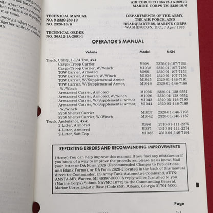 BOOK:  OPERATOR'S MANUAL FOR: TRUCK, UTILITY: CARGO/TROOP CARRIER,; ARMORED; WINCH; ARMOR.... APRIL 1985(box7)