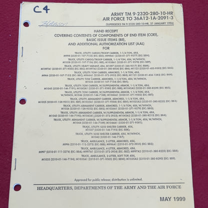 BOOK: HAND RECEIPT COVERING CONTENTS OF COMPONENTS OF END ITEM (COE1), BASIC ISSUE ITEMS (BIL), AND ADDITIONAL AUTHORIZATION  LIST (AAL) FOR TRUCK .... MAY 1999                 (box8)