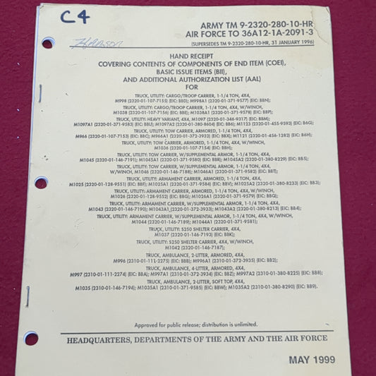 BOOK: HAND RECEIPT COVERING CONTENTS OF COMPONENTS OF END ITEM (COE1), BASIC ISSUE ITEMS (BIL), AND ADDITIONAL AUTHORIZATION  LIST (AAL) FOR TRUCK .... MAY 1999                 (box8)
