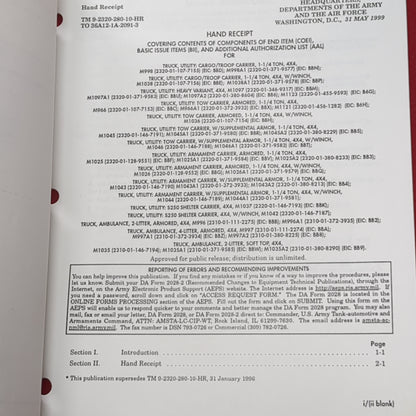 BOOK: HAND RECEIPT COVERING CONTENTS OF COMPONENTS OF END ITEM (COE1), BASIC ISSUE ITEMS (BIL), AND ADDITIONAL AUTHORIZATION  LIST (AAL) FOR TRUCK .... MAY 1999                 (box8)