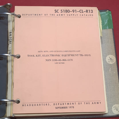 BOOK:  SETS, KITS, AND OUTFITS COMPONENTS LIST TOOL KIT, ELECTRONIC EQUIPMENT TK-101G; NSN 5180-00-064-5178 ; LIN W37483 SEPTEMBER 1978 (box9)