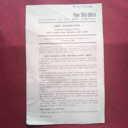 BOOK:  ARMY INFORMATION ONE NATION-ONE MISSION-ONE ARMY 11 FEBRUARY  1960 (box10)