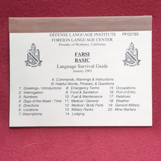 BOOK:  FARSI BASIC LANGUAGE SURVIVAL GUIDE JANUARY 2003 (box10)