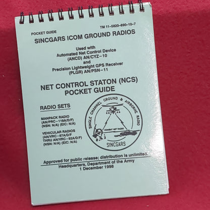 BOOK: SINCGARS ICOM GROUND RADIOS USED WITH AUTOMATEDD NET CONTROL DEVICE AND PRECISION LIGHTWEIGHT GPS RECEIVER NET CONTROL STATON (NCS) POCKET GUIDE 1 DECEMBER 1998 (box10)