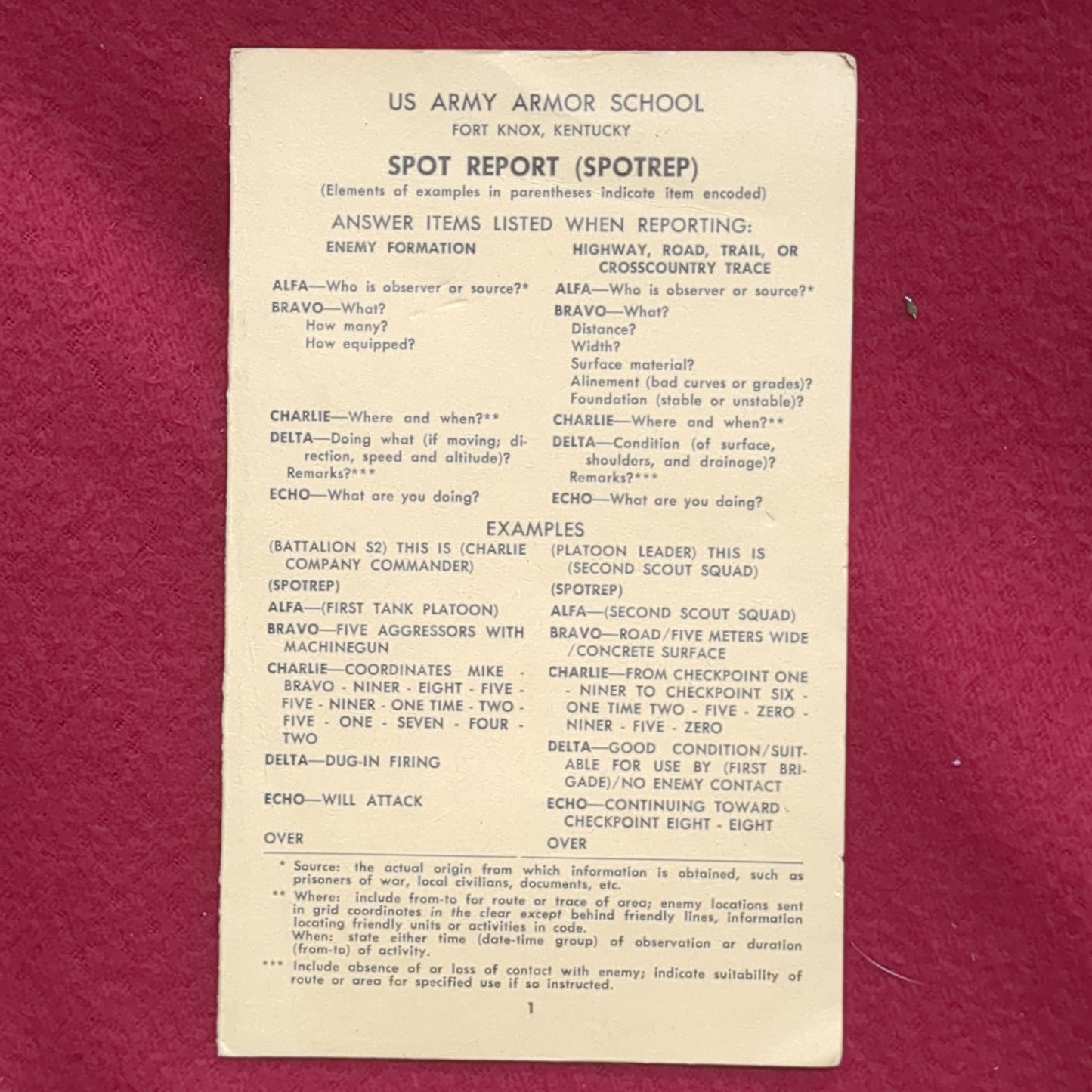 BOOK:  US ARMY ARMOR SCHOOL FORT KNOX, KENTUCKY SPOT REPORT (SPOTREP)  JUNE 1962 (box10)