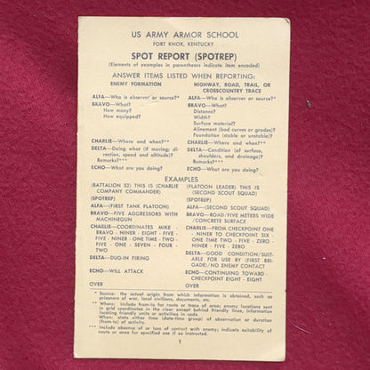 BOOK:  US ARMY ARMOR SCHOOL FORT KNOX, KENTUCKY SPOT REPORT (SPOTREP)  JUNE 1962 (box10)