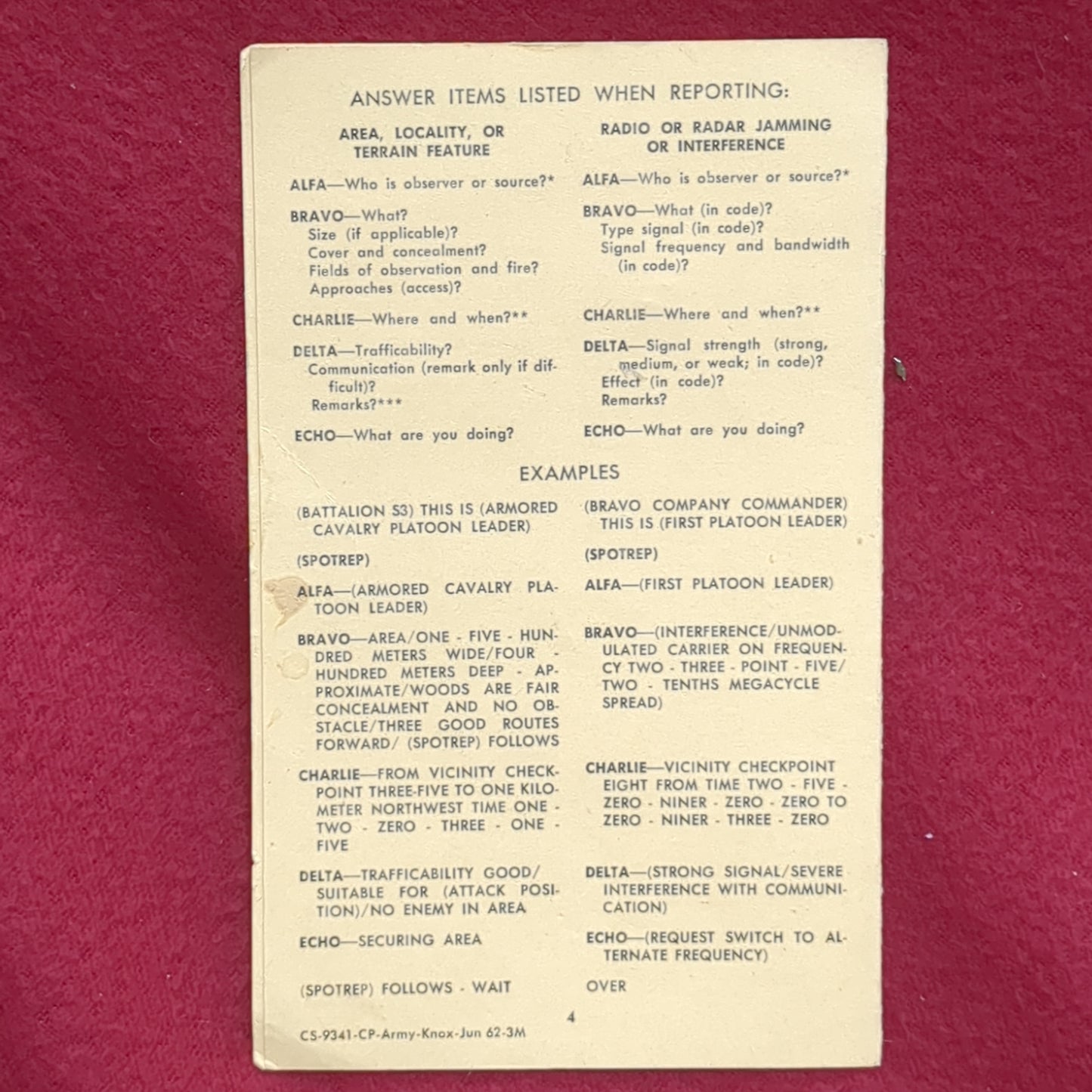 BOOK:  US ARMY ARMOR SCHOOL FORT KNOX, KENTUCKY SPOT REPORT (SPOTREP)  JUNE 1962 (box10)