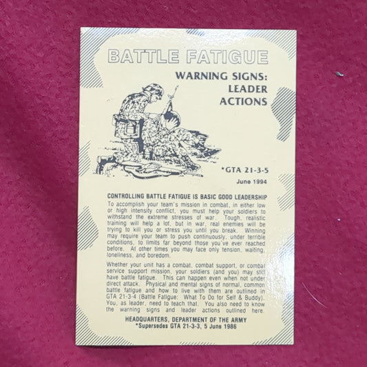 BOOK:  BATTLE FATIGUE WARNING SIGNS: LEADER ACTIONS JUNE 1994      (box10)