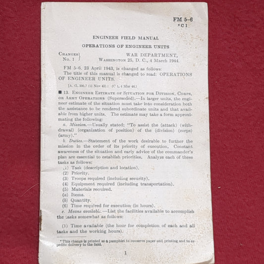 BOOK: ENGINEER FIELD MANUAL OPERATIONS OF ENGINEER UNITS 16 DECEMBER 1944    (box10)