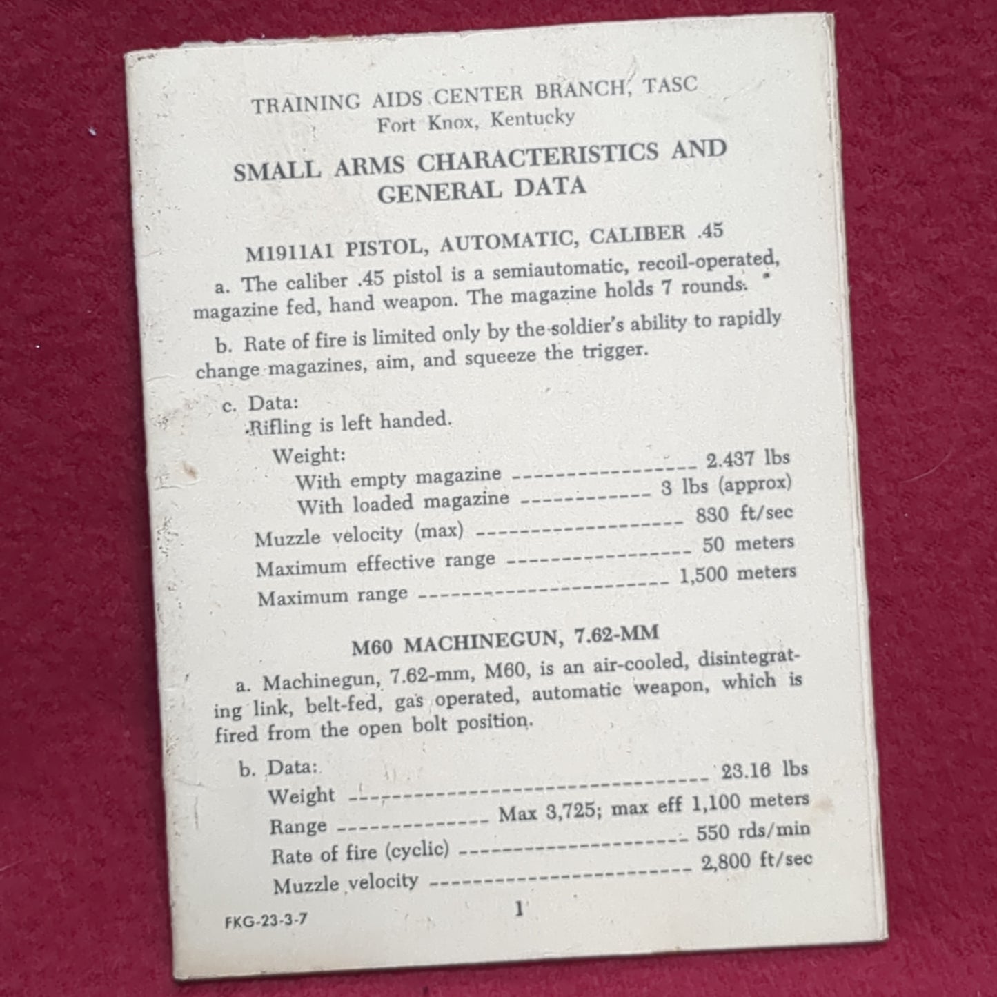 BOOK:  TRAINING AIDS CENTER BRANCH. TASC SMALL ARMS CHARACTERISTICS AND GENERAL DATA  (box10)