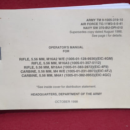 BOOK: OPERATOR'S FOR RIFLE, CARBINE OCTOBER 1998  (box10)