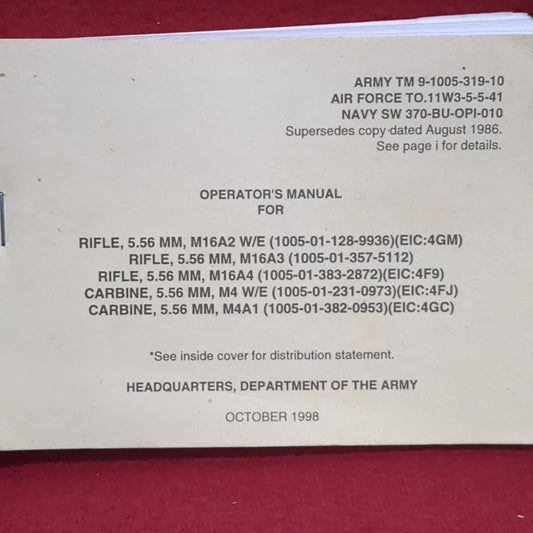 BOOK: OPERATOR'S FOR RIFLE, CARBINE OCTOBER 1998  (box10)