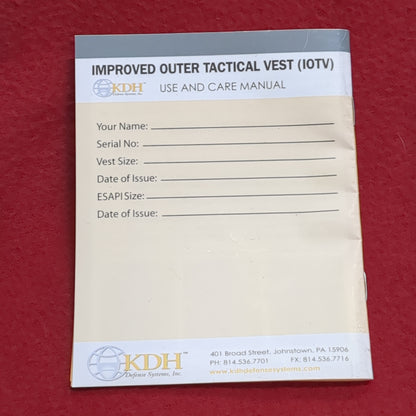 BOOK: IMPROVED OUTER TACTICAL VEST (I0TV) USE AND CARE MANUAL    (box10)