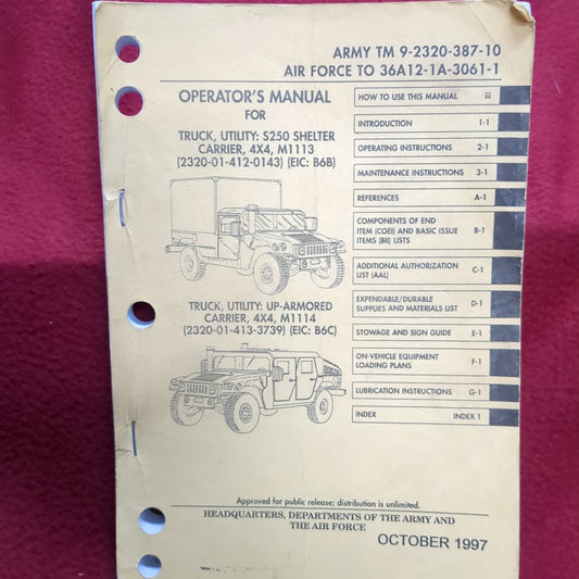 BOOK:OPERATOR'S MANUAL FOR TRUCK, UTILITY, SHELTER CARRIER; UP-ARMORED CARRIER OCTOBER 1997(box12)