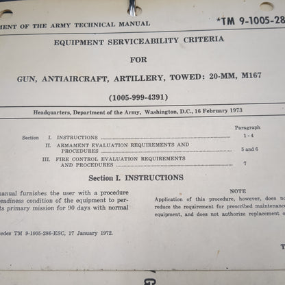 BOOK: January 1973 TECHNICAL MANUAL OPERATOR'S MANUAL GUN, AIR DEFENSE, ARTILLERY, TOWED: 20-MM,M167   (box13)