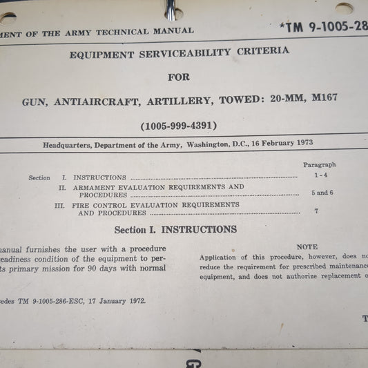 BOOK: January 1973 TECHNICAL MANUAL OPERATOR'S MANUAL GUN, AIR DEFENSE, ARTILLERY, TOWED: 20-MM,M167   (box13)