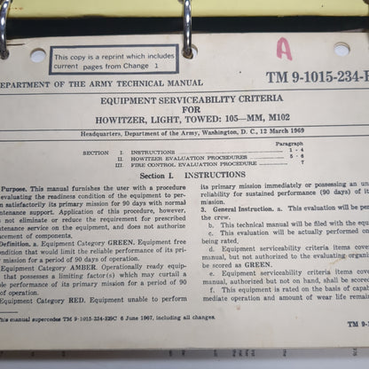 BOOK:  EQUIPMENT SERVICEABILITY CRITERIA FOR HOWITZER, LIGHT, TOWED: 105-MM, M102 MARCH 1969(box13)