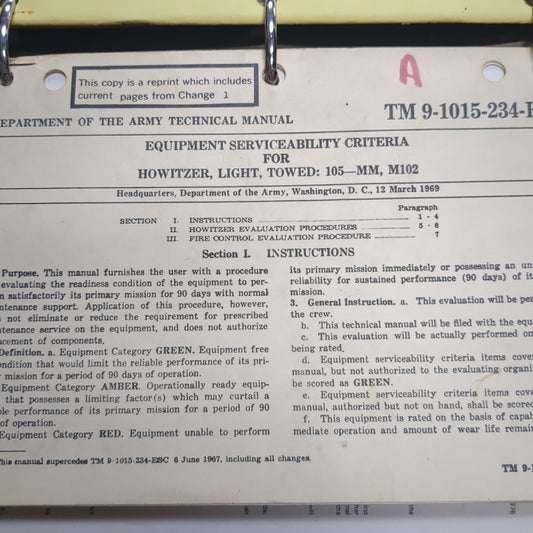 BOOK:  EQUIPMENT SERVICEABILITY CRITERIA FOR HOWITZER, LIGHT, TOWED: 105-MM, M102 MARCH 1969(box13)